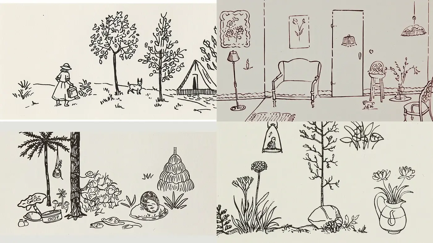Monochromatic Line-drawn Vignettes of Serene Living Spaces - Midjourney sref style