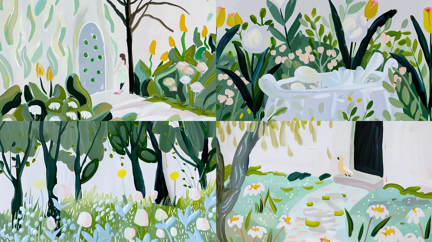 Serene Botanical Tapestry in Contemporary Impressionistic Brushwork - Midjourney sref style