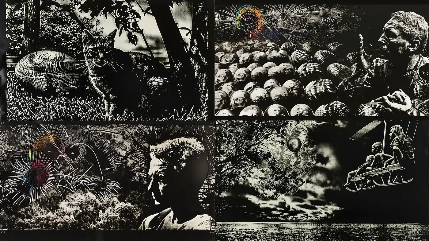 Intricate monochromatic illustrations with vivid accents and diverse subjects - Midjourney sref style