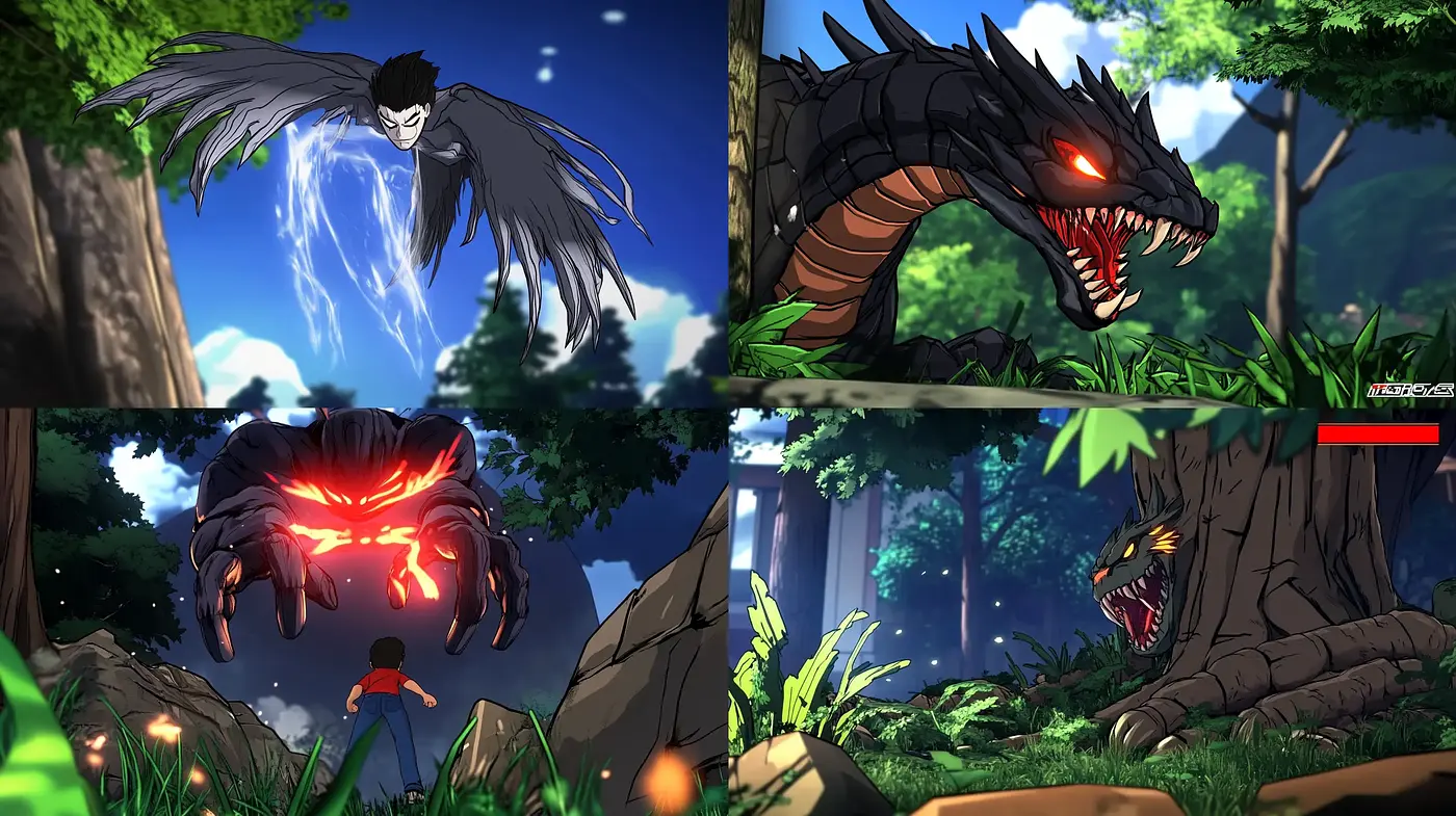 Vibrant Dynamic Anime-Inspired Beast Encounters - Midjourney sref style