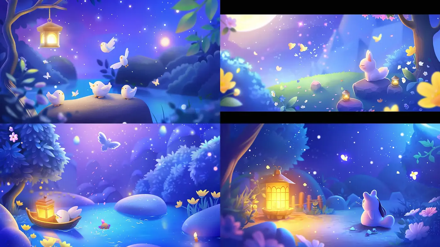 Enchanted Nocturnal Dreamscape with Luminous Hues and Whimsical Charm - Midjourney sref style