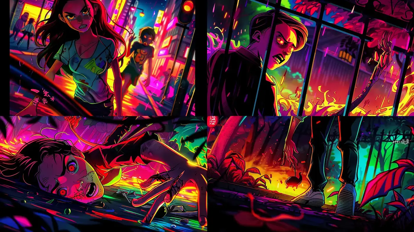 Vibrant and Intense Urban Nightscapes with Dramatic Storytelling - Midjourney sref style