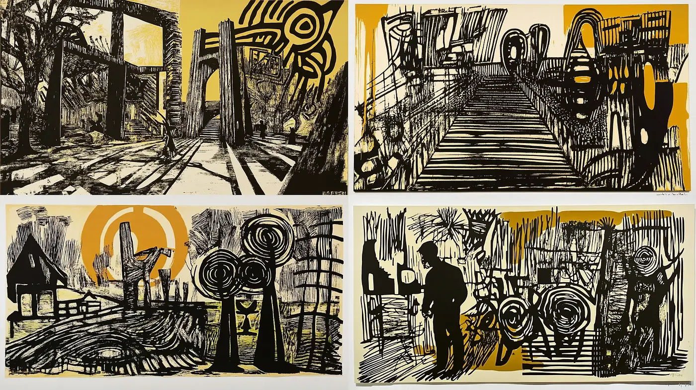 Abstract Expressionist Brushwork with a Monochromatic Retro Vibe - Midjourney sref style