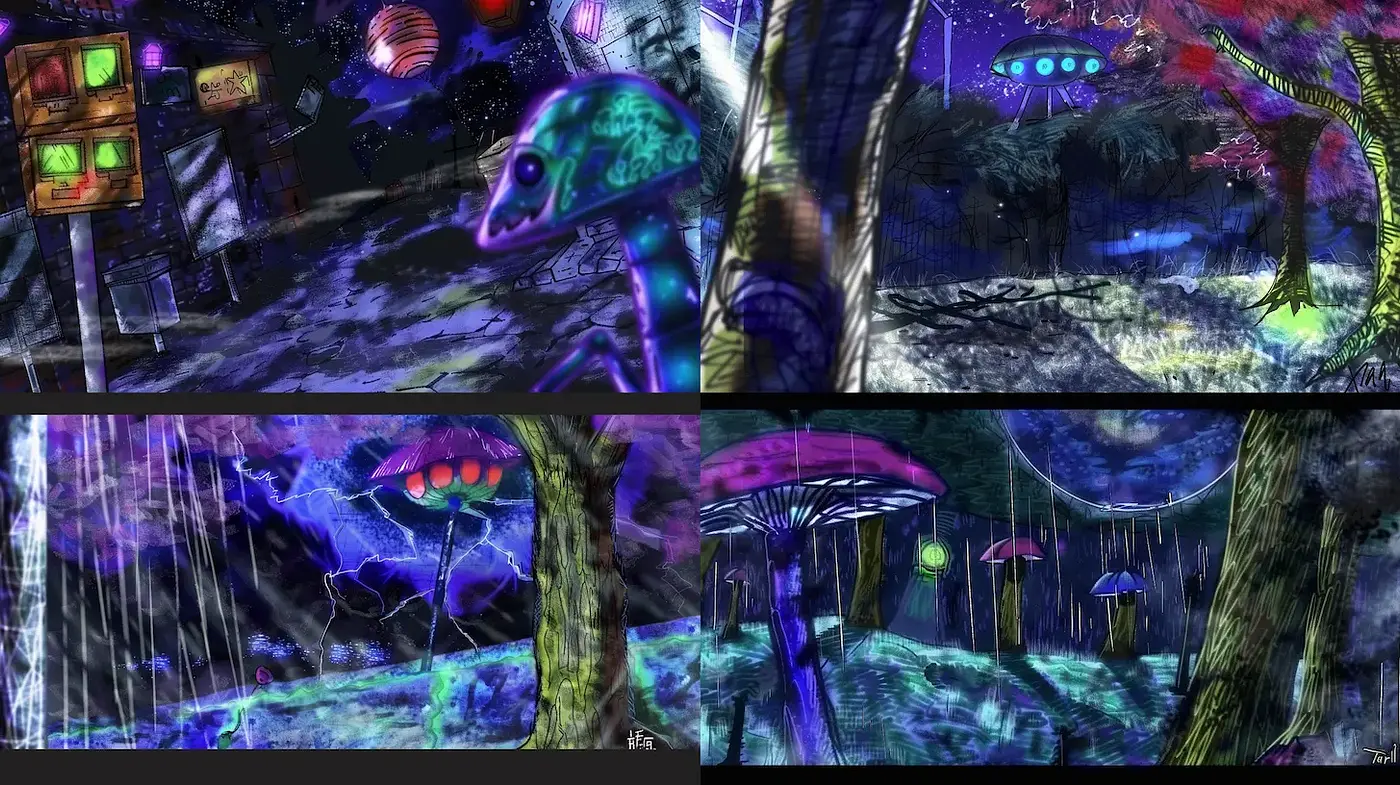 Surreal, vibrant alien landscapes with an otherworldly charm - Midjourney sref style