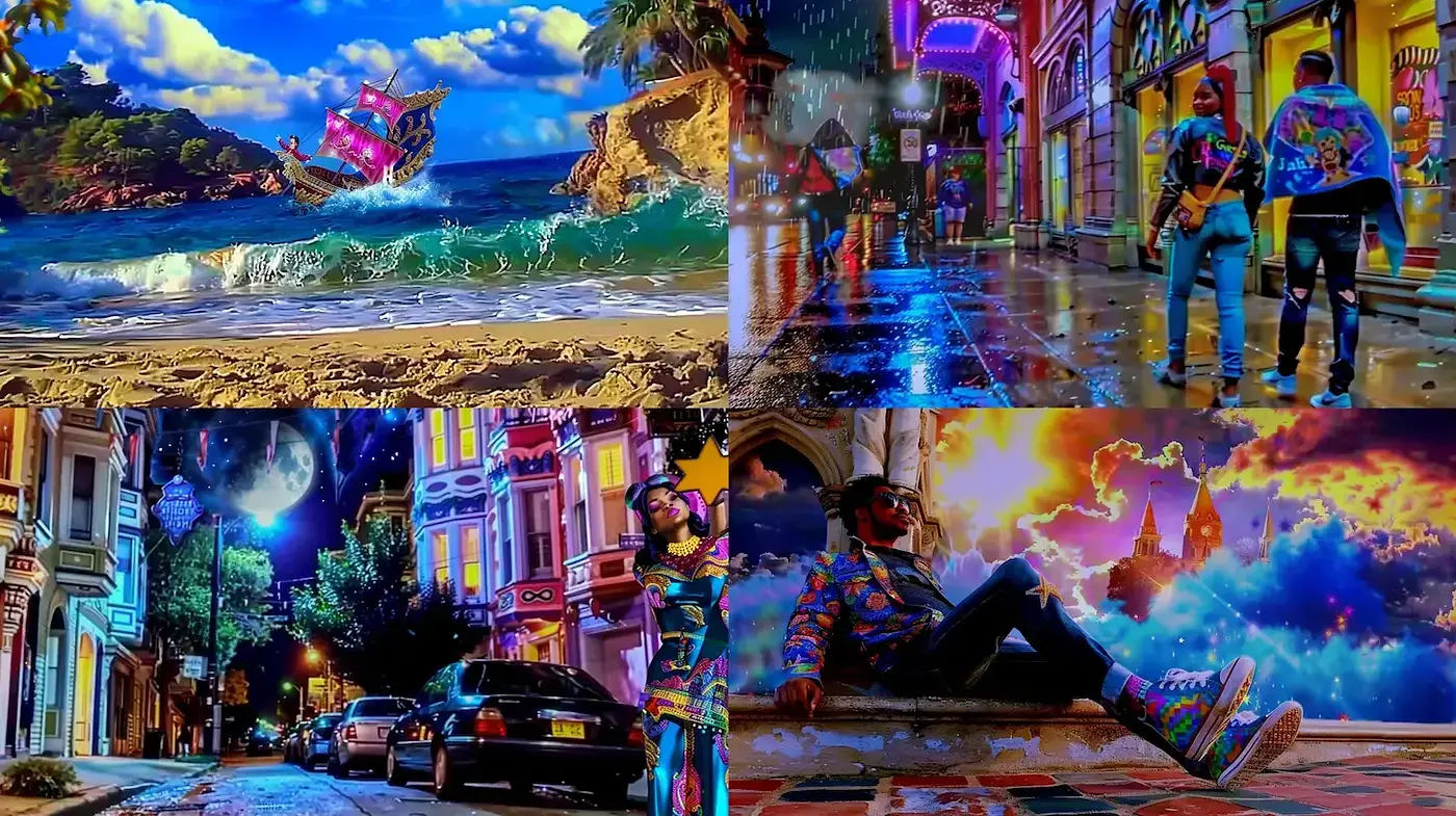Vibrant, surreal, and energetic visuals with a blend of urban and natural elements - Midjourney sref style