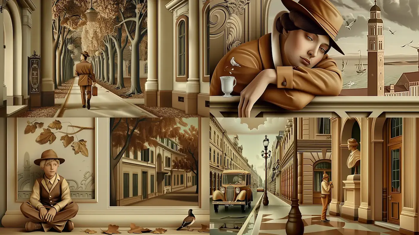 Elegant and nostalgic urban scenes with modernist influences - Midjourney sref style