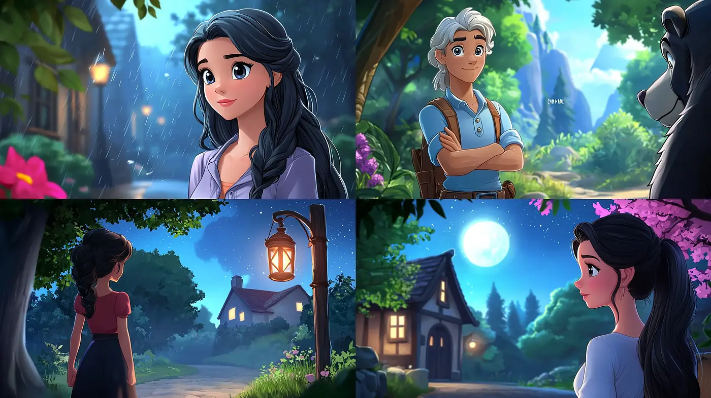 Enchanted Twilight: A Harmonious Blend of Lush Scenery and Serene Characters in Dusk Lighting - Midjourney sref style