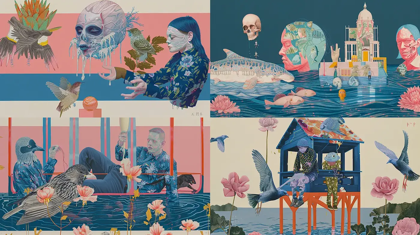 Contemporary surrealism with a blend of natural elements and abstract forms - Midjourney sref style