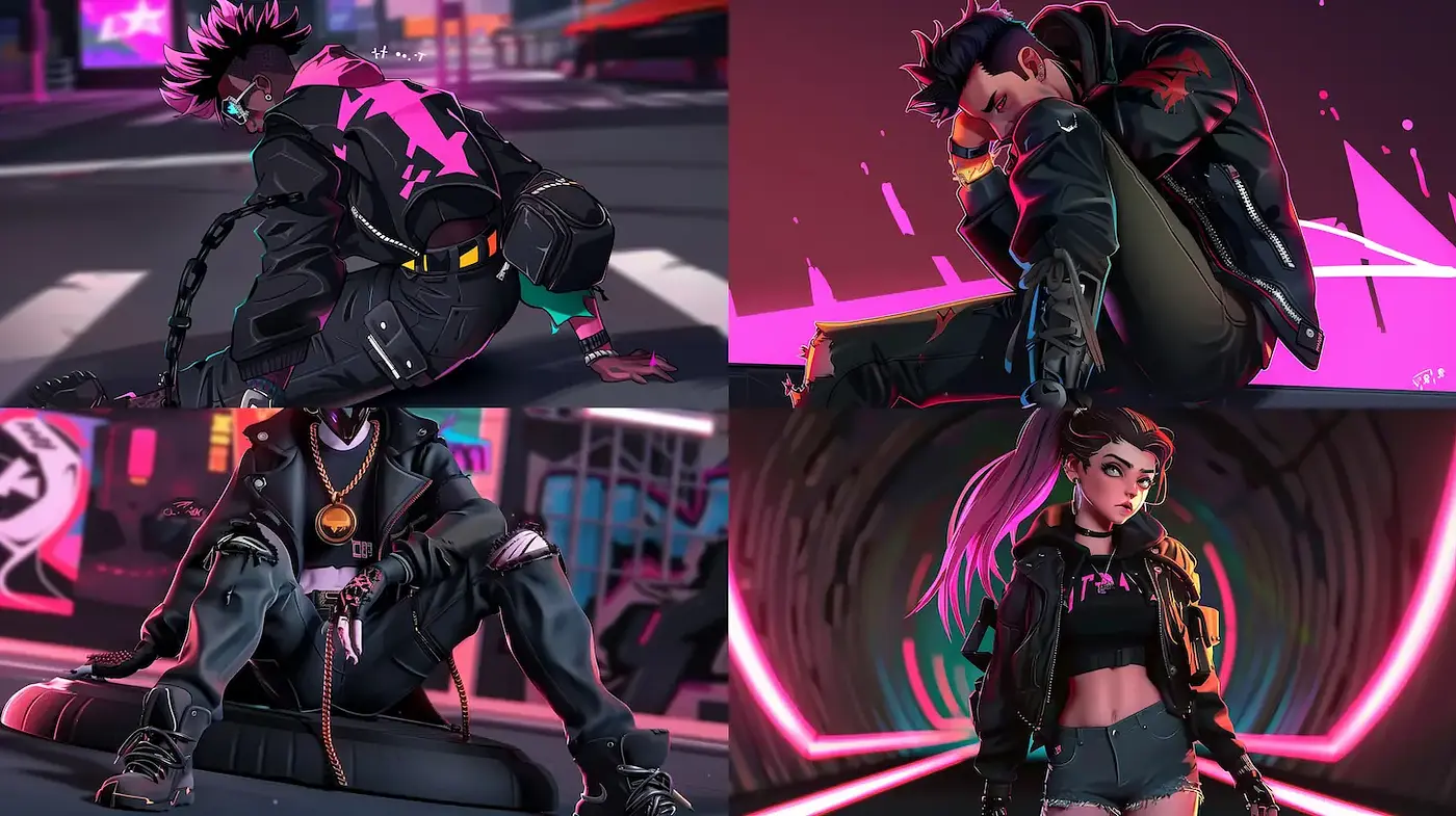 Futuristic Cyberpunk Aesthetic with Dynamic Character Poses - Midjourney sref style