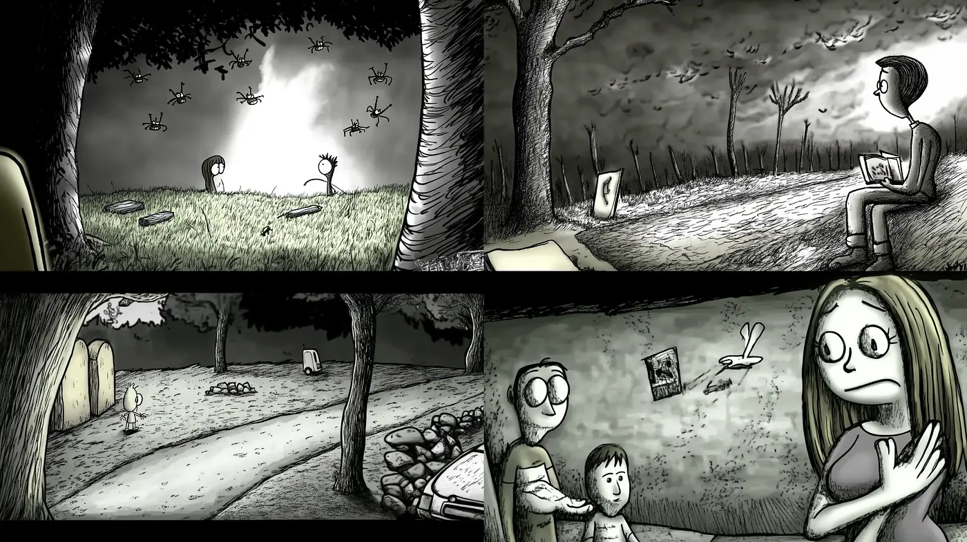 Monochrome Tales of Whimsy and Apprehension - Midjourney sref style