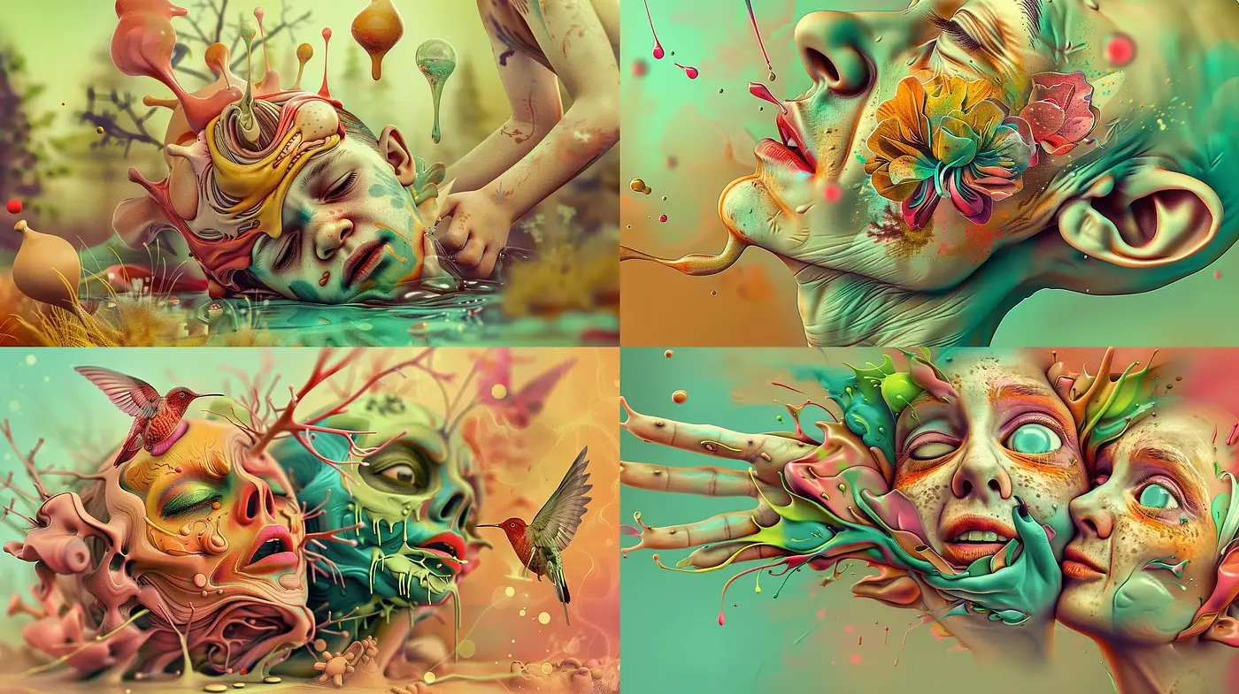 Surreal Dreamscape Fusion of Vivid Hues and Ethereal Forms - Midjourney sref style