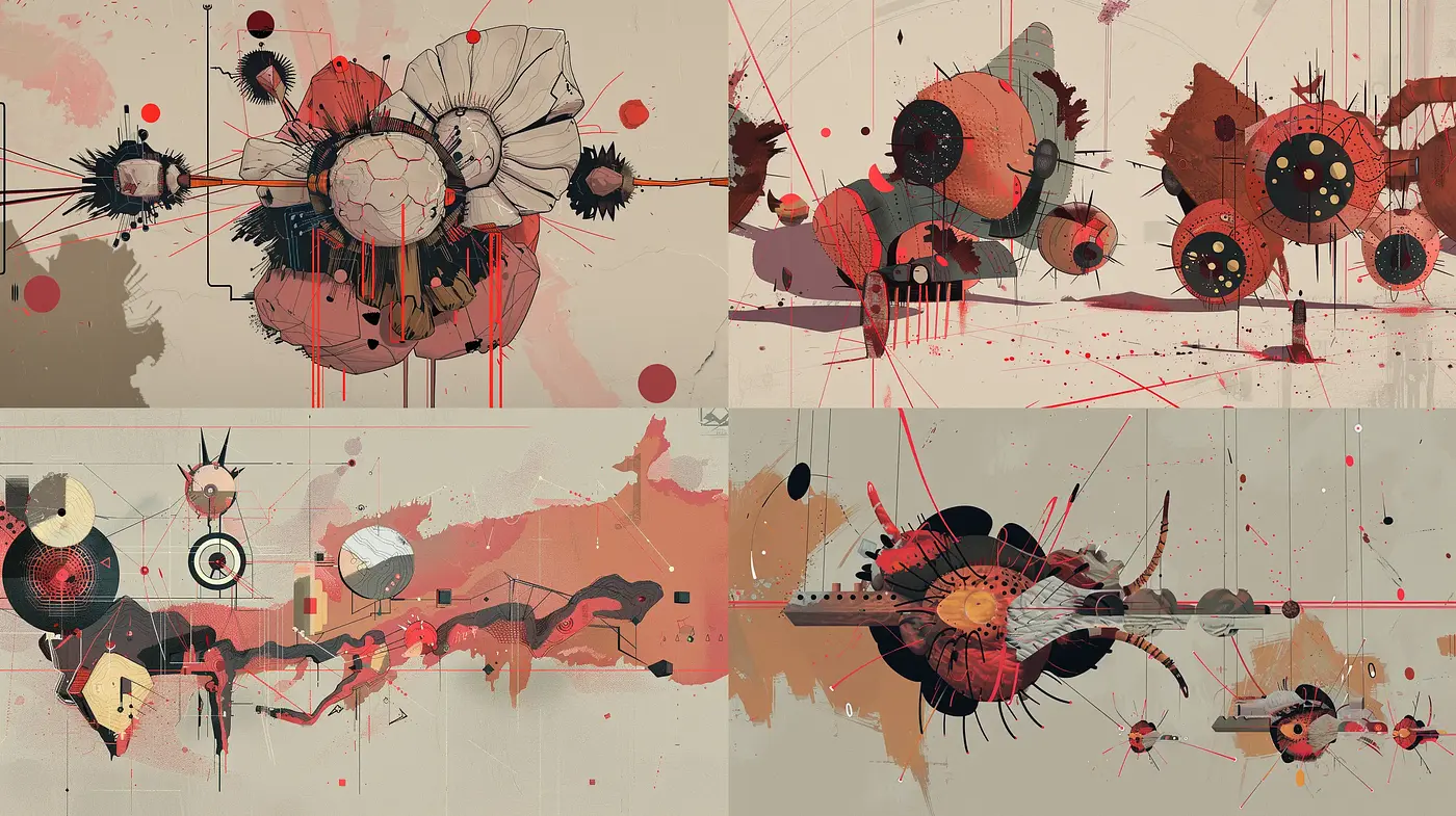 Abstract Mechanical Blossoms in Sepia Tones with Vivid Crimson Accents - Midjourney sref style