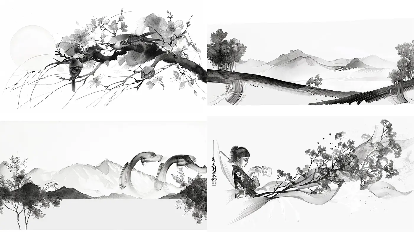 Monochromatic Serenity: Echos of Asian Ink Wash Painting in a Digital Age - Midjourney sref style