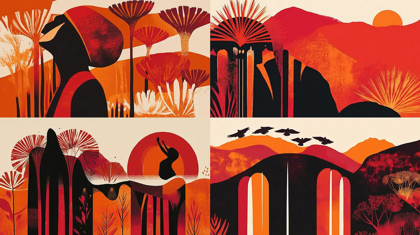 Harmonious Red and Orange Midcentury Modern Illustrative Style - Midjourney sref style