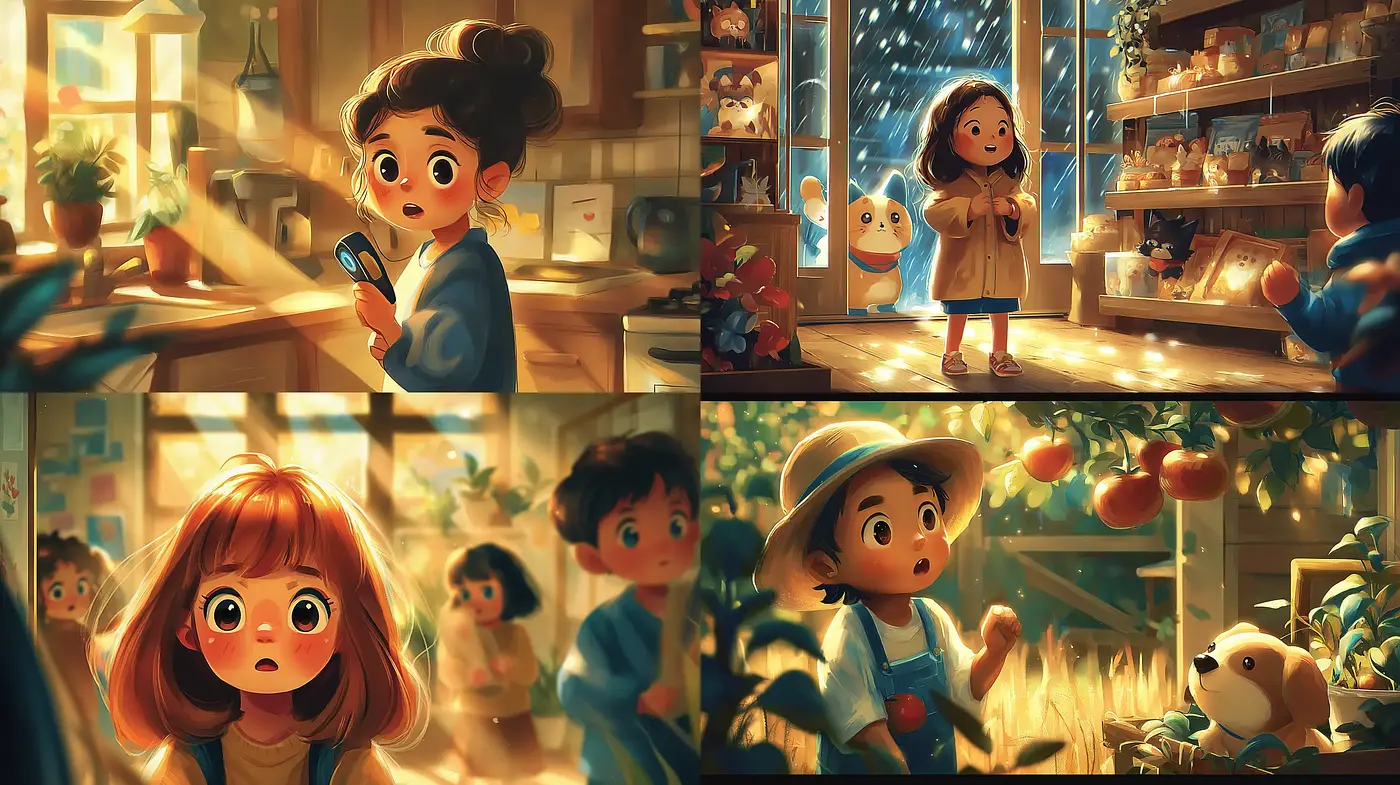 Whimsical Nostalgic Illustrations with Dreamy Atmosphere and Playful Characters - Midjourney sref style