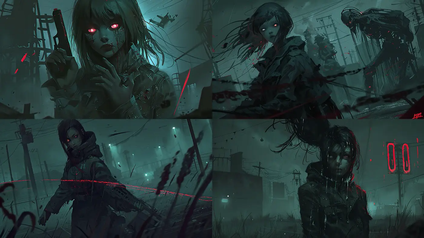 Eerie Cyberpunk Nocturne with a Dark Monochrome Essence - Midjourney sref style
