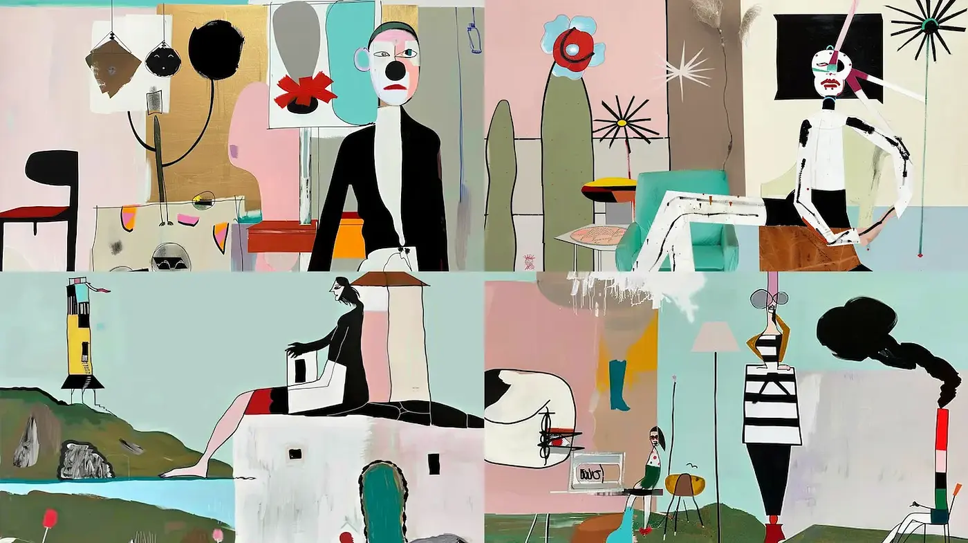 Colorful and Abstract Composition with Minimalist Elements - Midjourney sref style