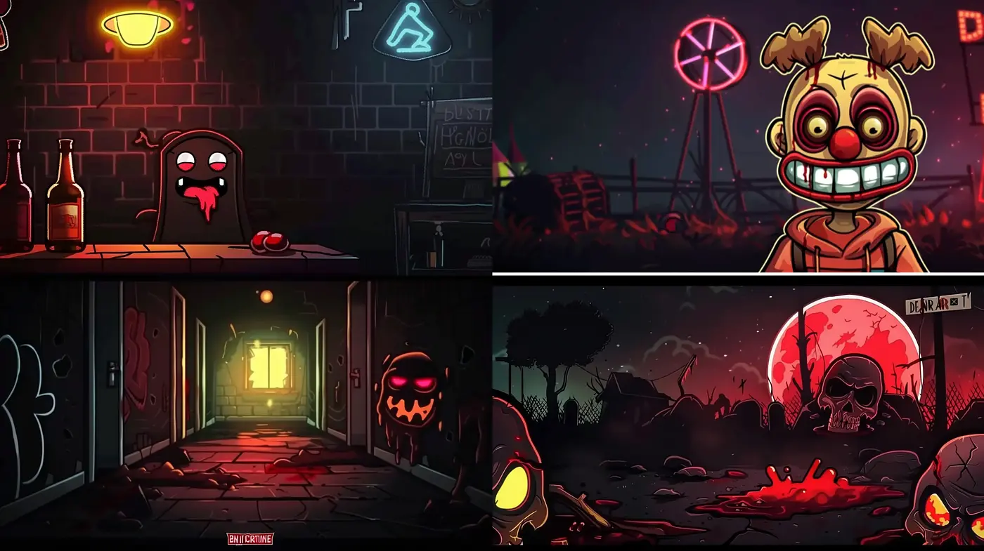 Nocturnal Hues of Eerie Playfulness and Sinister Cartoons - Midjourney sref style