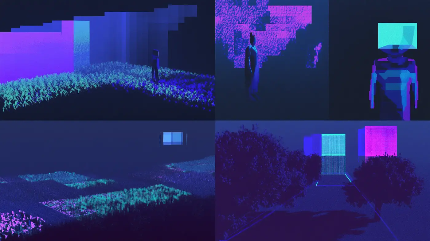 Nocturnal Digital Dreamscape: A Synthesis of Ultraviolet Hues and Pixelated Visions - Midjourney sref style