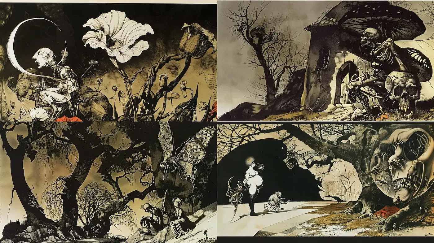 Darkly Evocative Fantasy Illustrations with a Whimsical Twist - Midjourney sref style