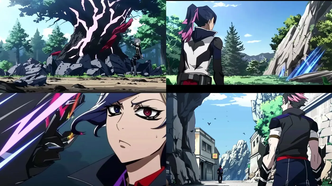 Dynamic Anime Action Scenes with Vivid Contrasts and Colorful Energy - Midjourney sref style