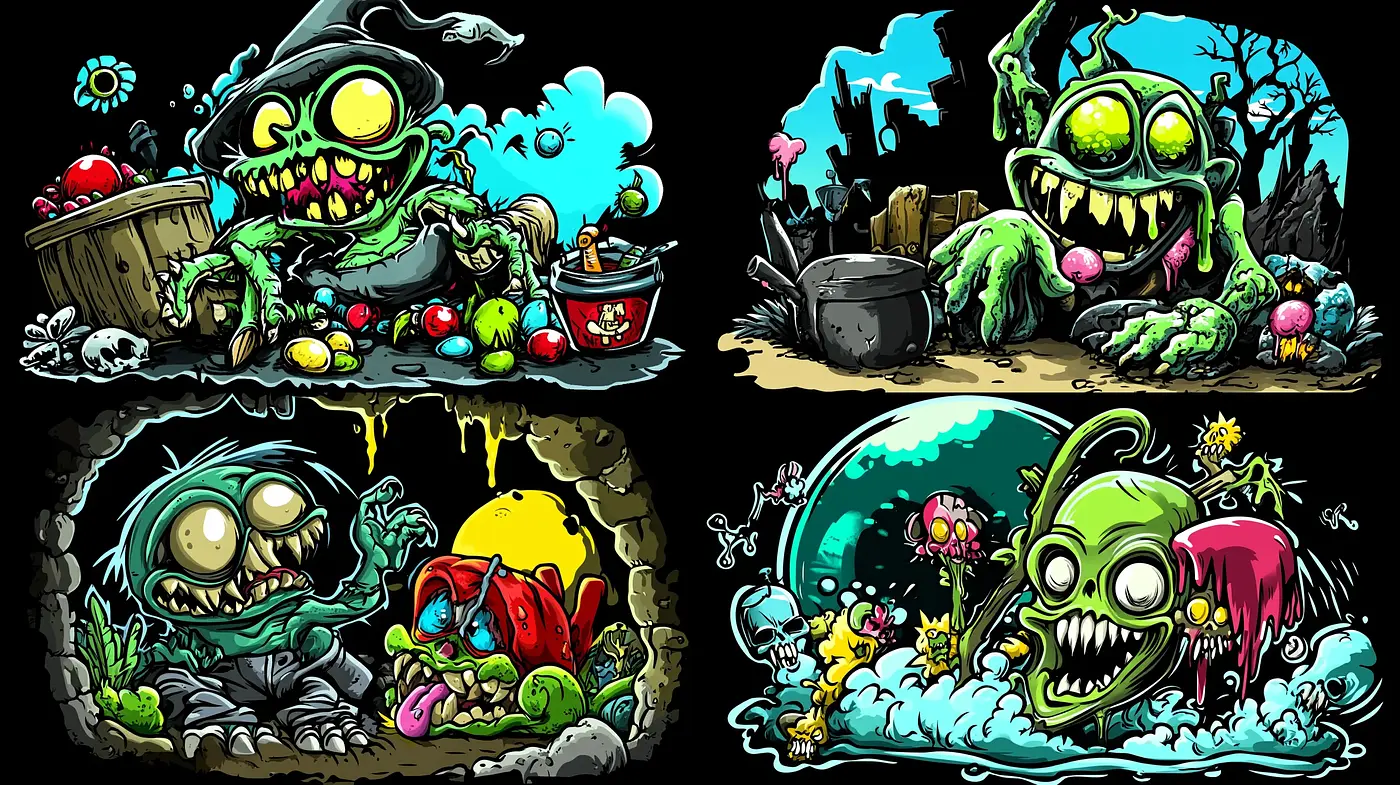 Eccentric Nightshade Grotesque – A Symphony of Macabre Whimsy in Bold Line Art - Midjourney sref style