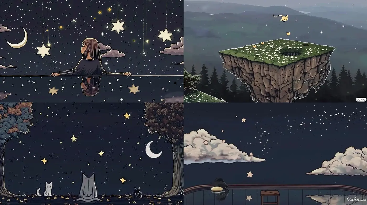 Whimsical Starlit Dreamscape with Surrealist Overtones - Midjourney sref style