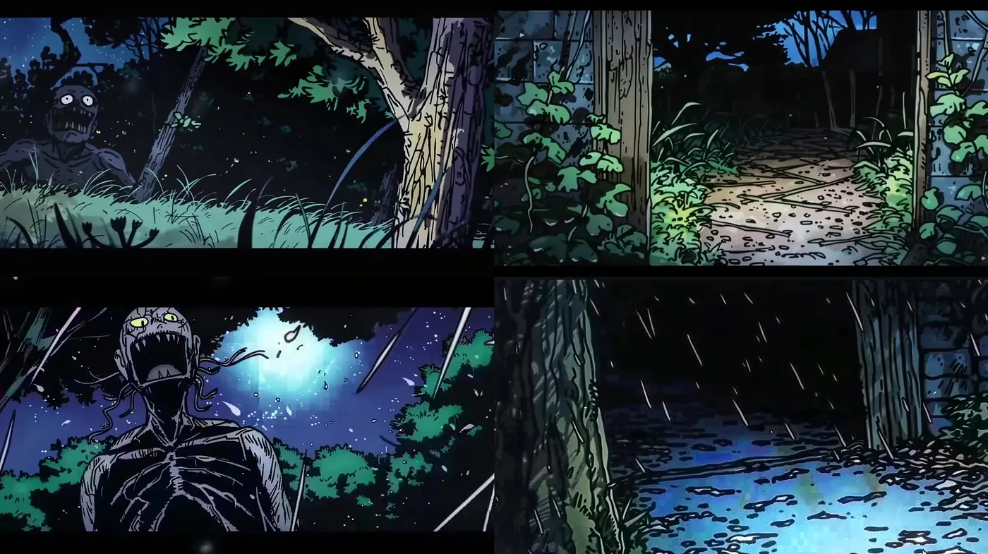 Mystical Nocturnal Forest in Stylized Comic Expression - Midjourney sref style