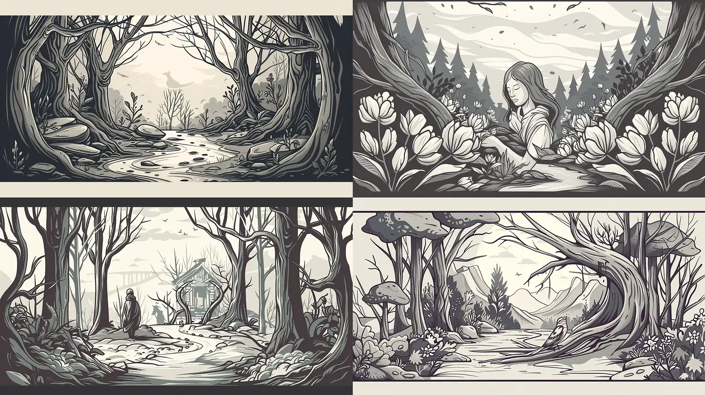Enigmatic Monochrome Nature: A Homage to Vintage Inkwash Illustrations - Midjourney sref style
