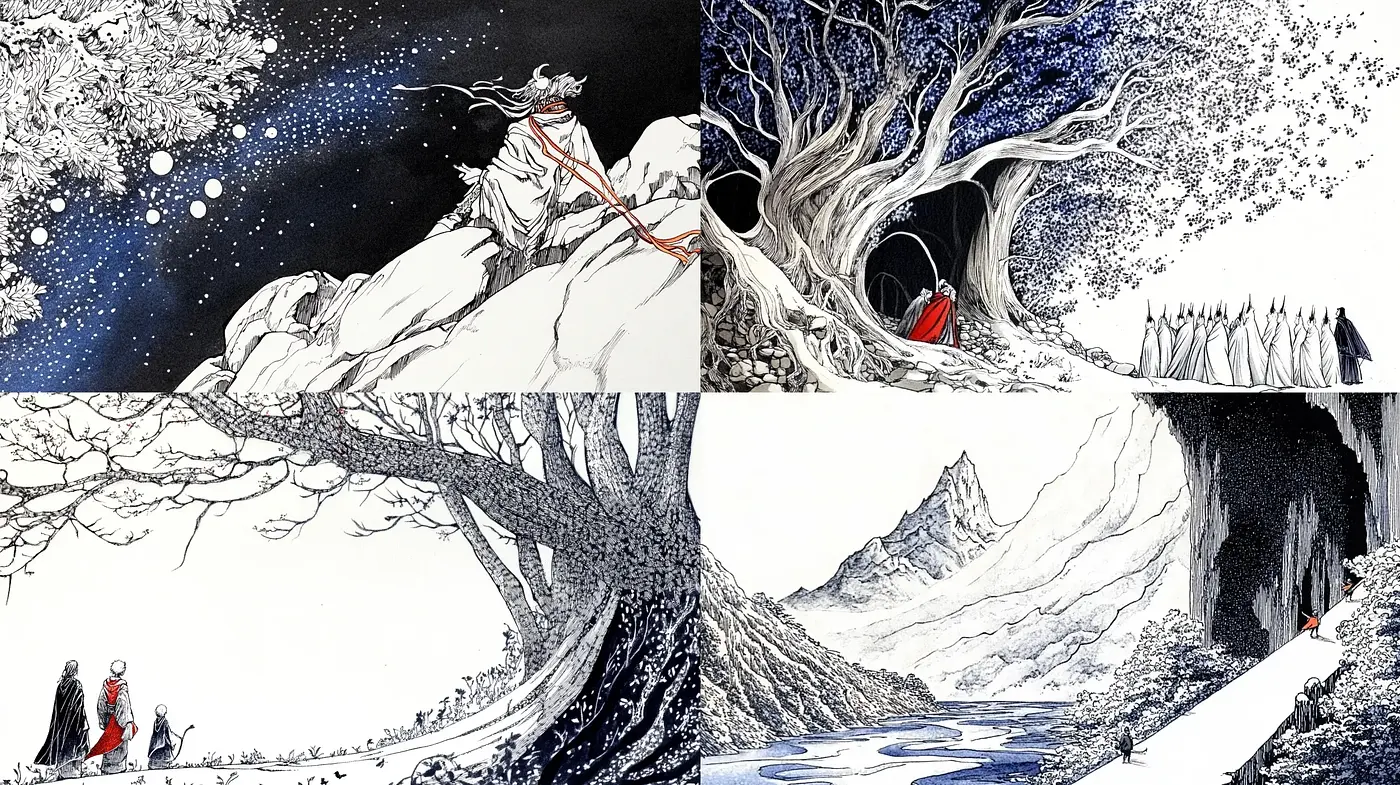 Ethereal Inkscapes with Monochrome Essence and Crimson Accents - Midjourney sref style