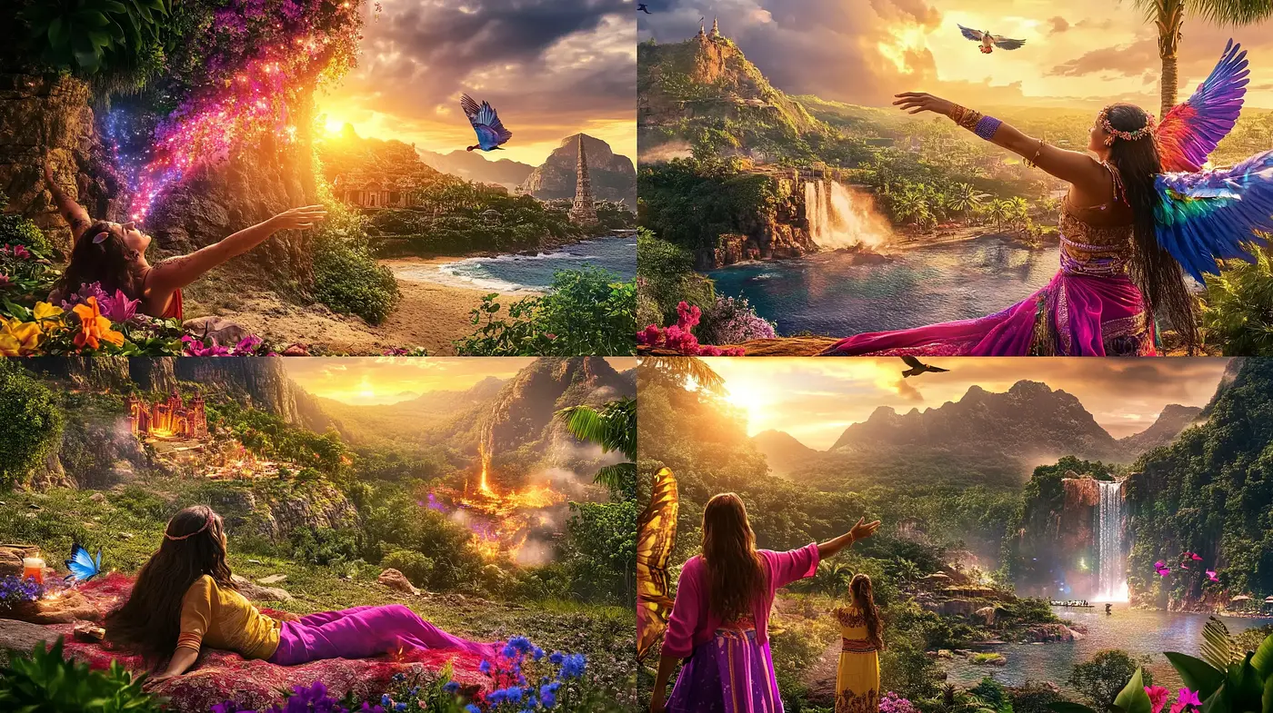 Enchanted Twilight Reveries: A Fusion of Vivid Fantasy and Lush Natural Landscapes - Midjourney sref style