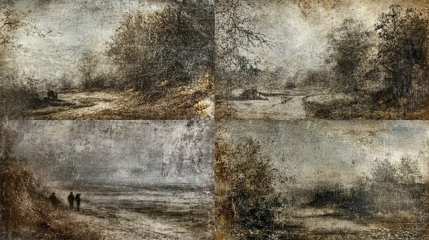 Ethereal Antiquated Landscapes: A Harmonious Blend of Sepia-Toned Tranquility - Midjourney sref style
