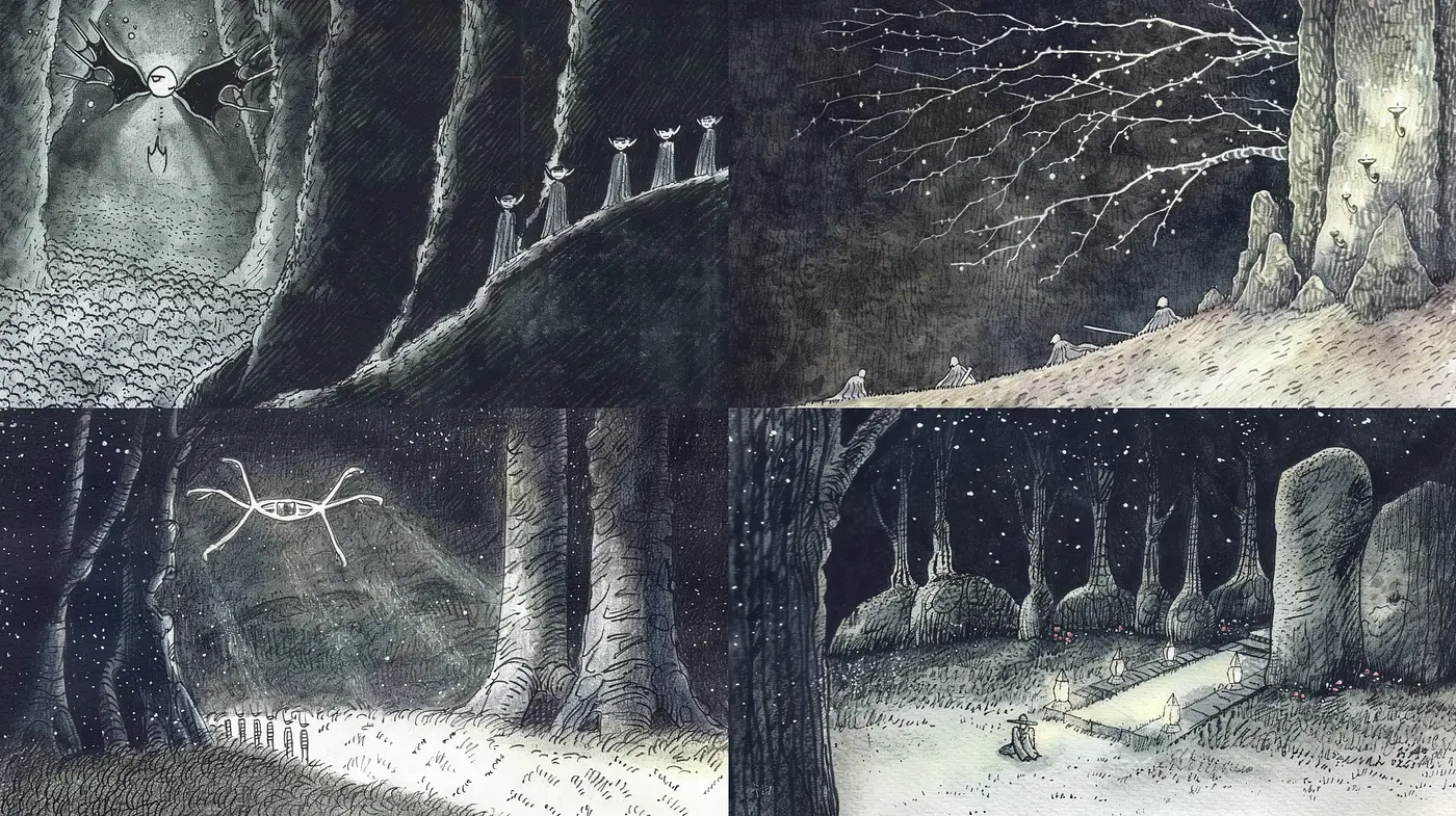 Enigmatic Twilight Forests in Mixed Media - Midjourney sref style