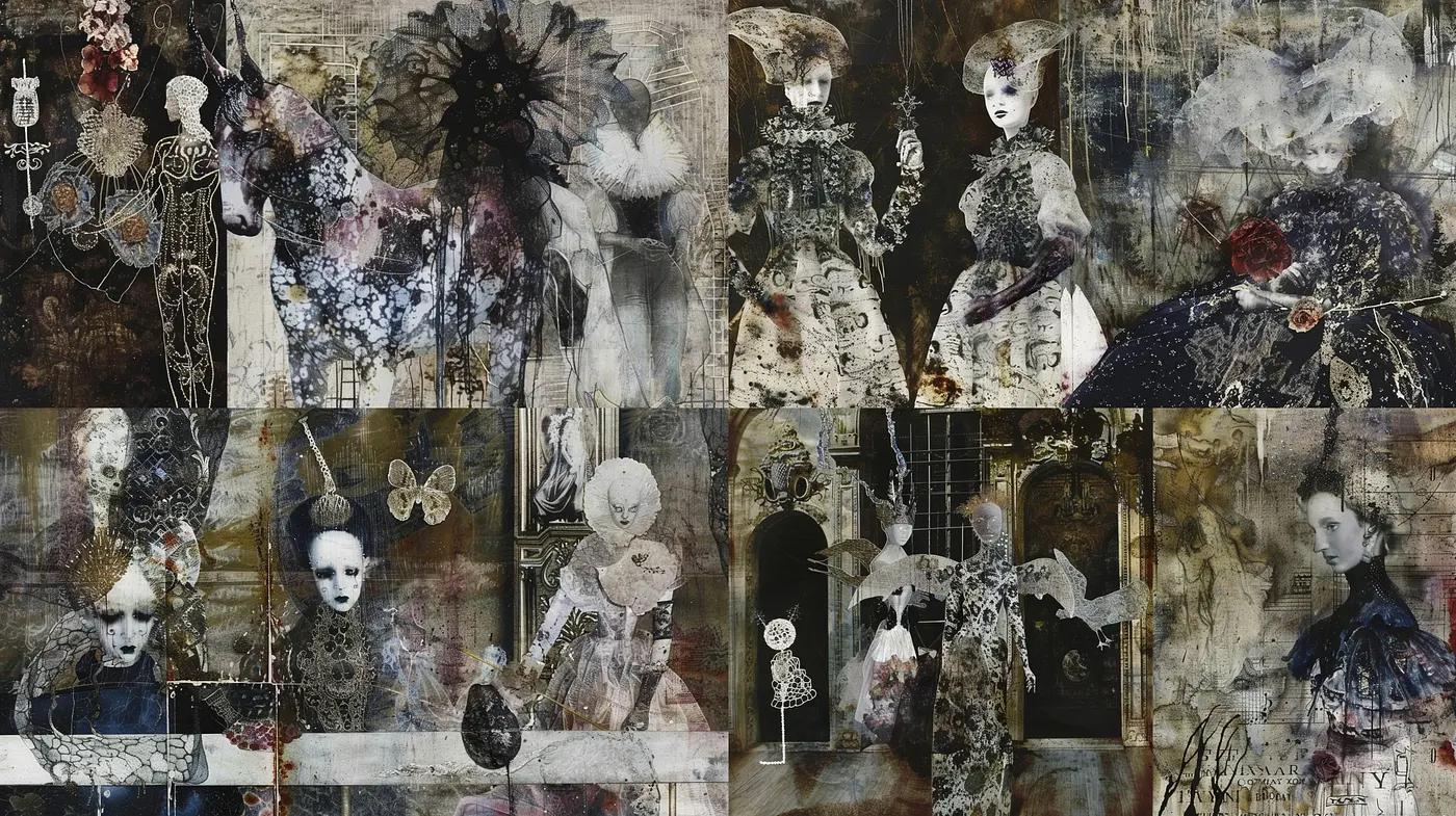 Ethereal Gothic Collage: An Intertwined Spectacle of Nostalgic Elegance and Dark Romance - Midjourney sref style