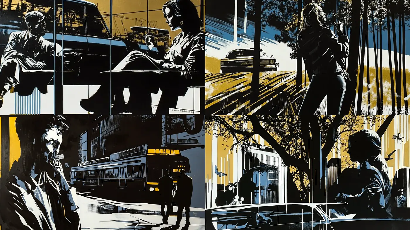 Noir-Inspired High-Contrast Graphic Vignettes - Midjourney sref style