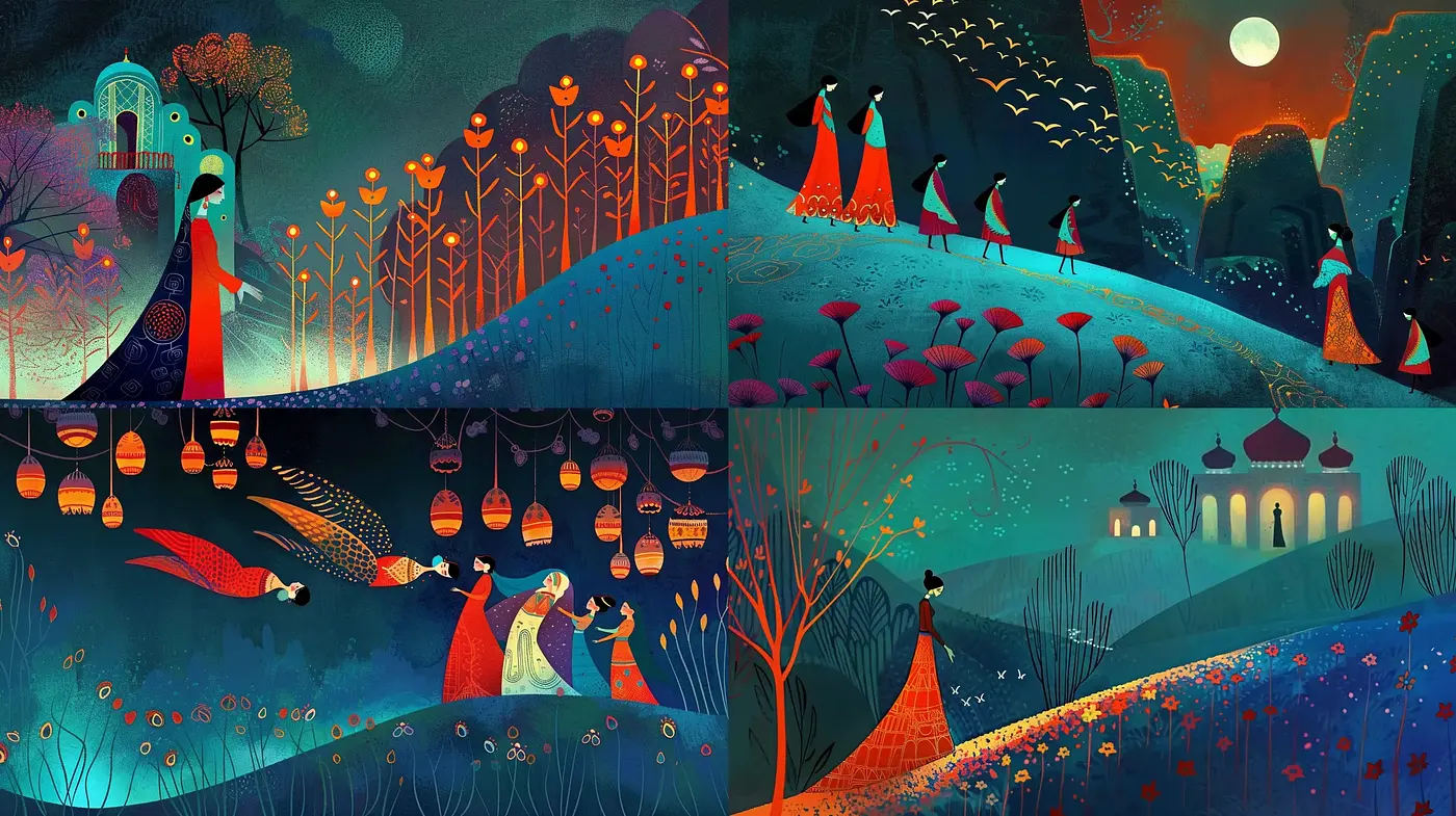 Enchanted Nocturnal Landscape with Whimsical Characters - Midjourney sref style