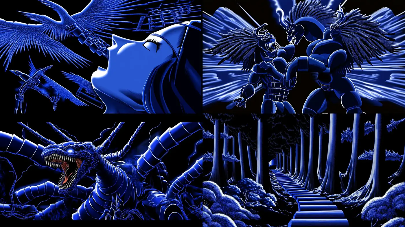 Nocturnal Sapphire Hues: A Dreamscape of Monochromatic Fantasy - Midjourney sref style