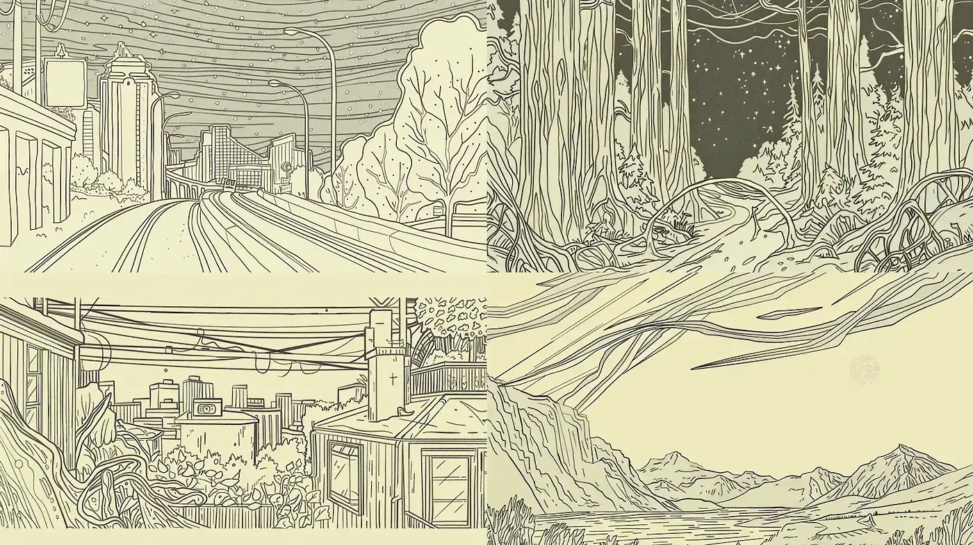 Surreal and Ethereal Line Art with Nature and Urban Elements - Midjourney sref style