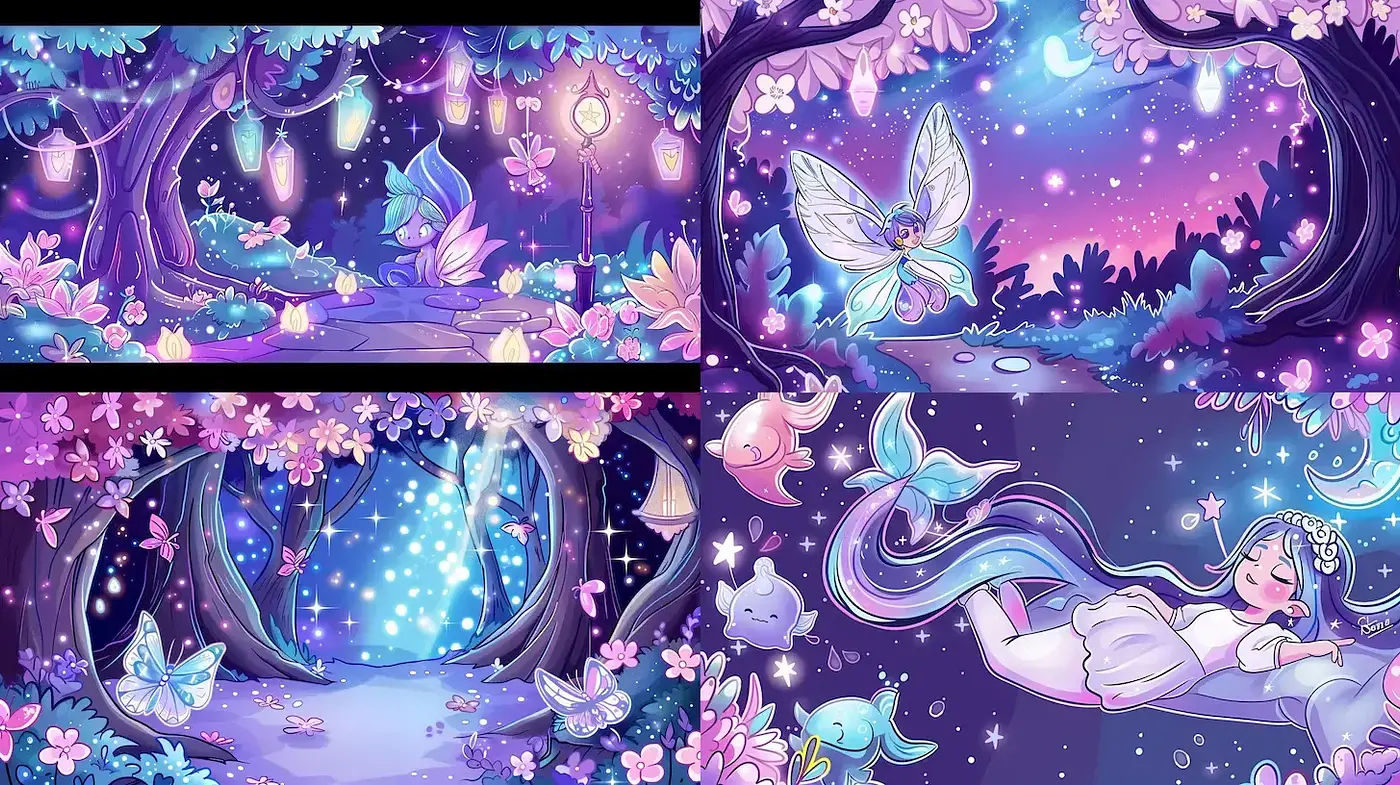 Enchanted Storybook Whimsy: A Dreamlike Harmony of Twilight Hues and Ethereal Moody Scenes - Midjourney sref style