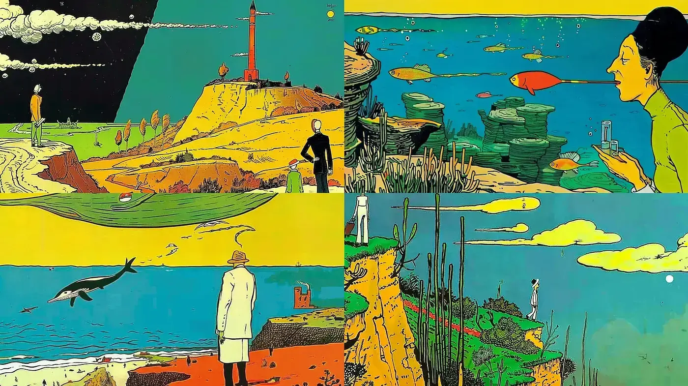 Vibrant Illustrative Style with Surreal Elements and a Retro Aesthetic - Midjourney sref style
