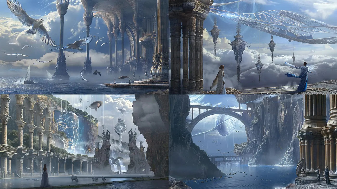 Serene Fantasia Vistas: A Consistent Exploration of Surreal Worlds and Dreamy Architectures - Midjourney sref style