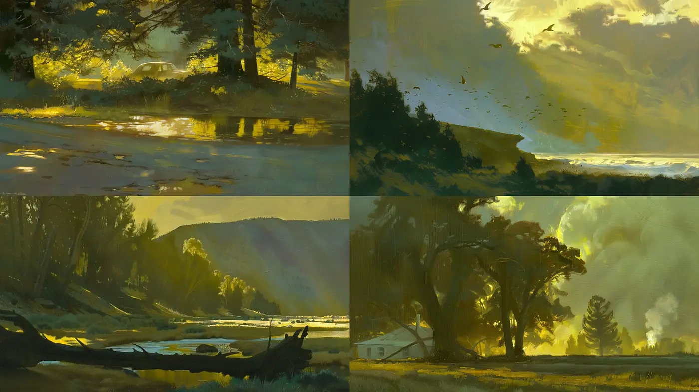 Twilight Serenity: A Harmony of Warm Hues and Gentle Contrasts in a Serene Landscape Collection - Midjourney sref style