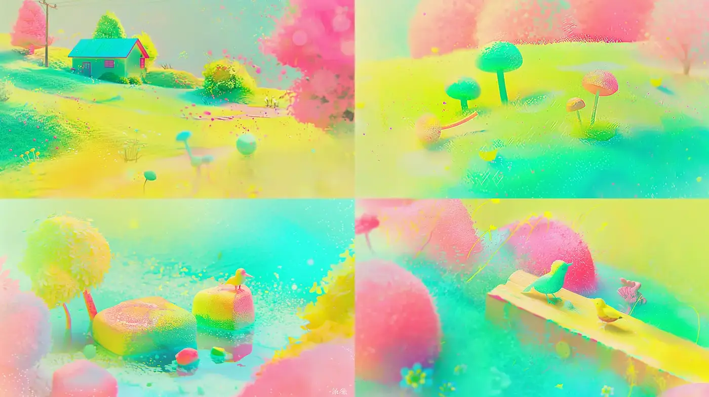 Vibrant, dreamlike landscape with whimsical elements and pastel aesthetics - Midjourney sref style
