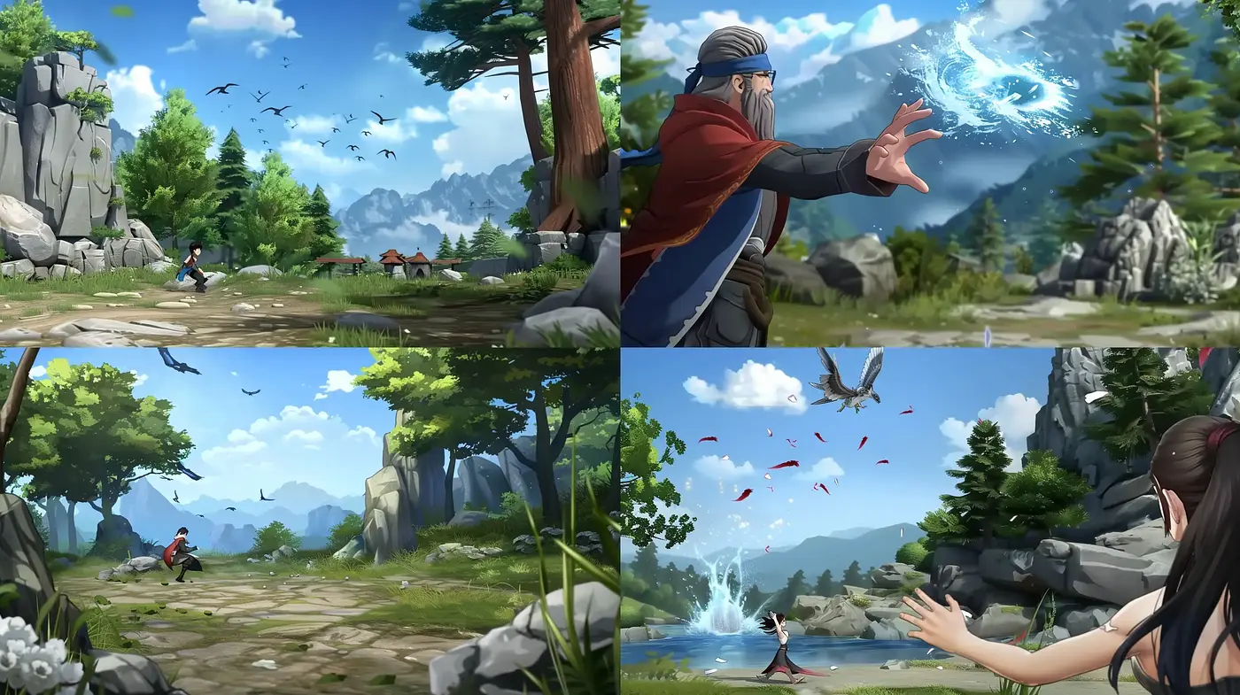 Ethereal Landscape Harmony with Dynamic Anime Influence - Midjourney sref style