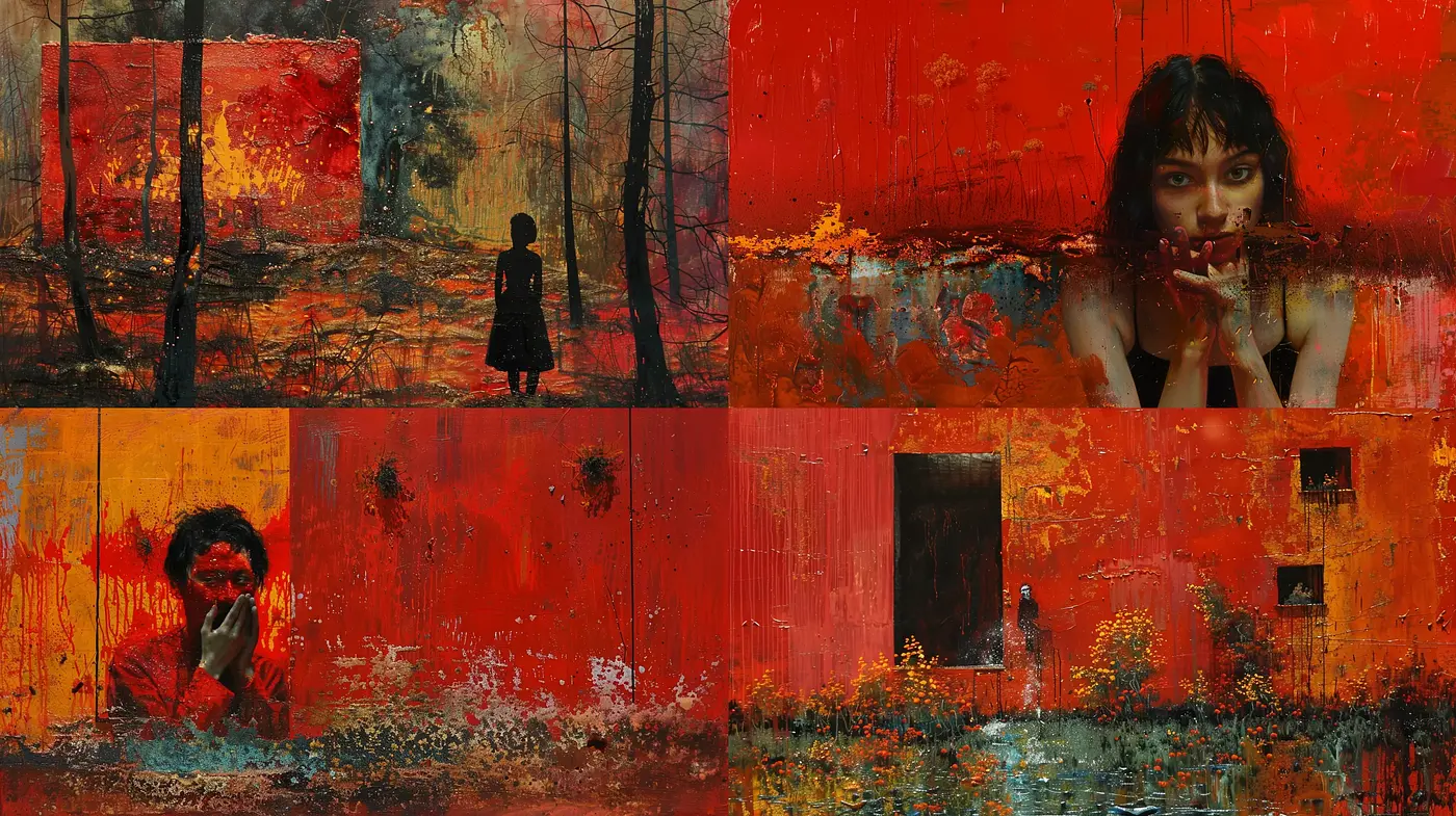 Embers of Expression: Textural Drama in Crimson and Charcoal - Midjourney sref style