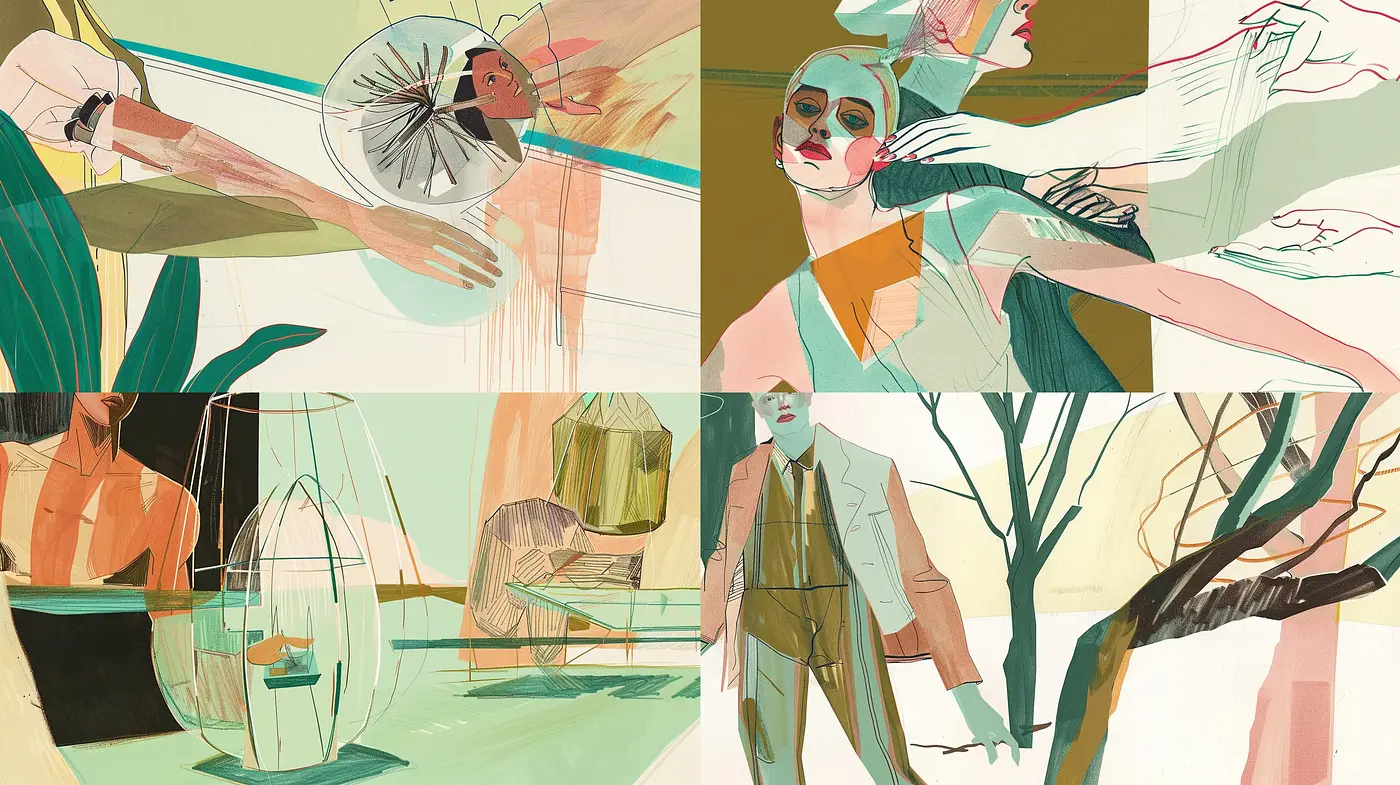 Retrofuturistic Elegance with a Pastel Cubist Twist - Midjourney sref style