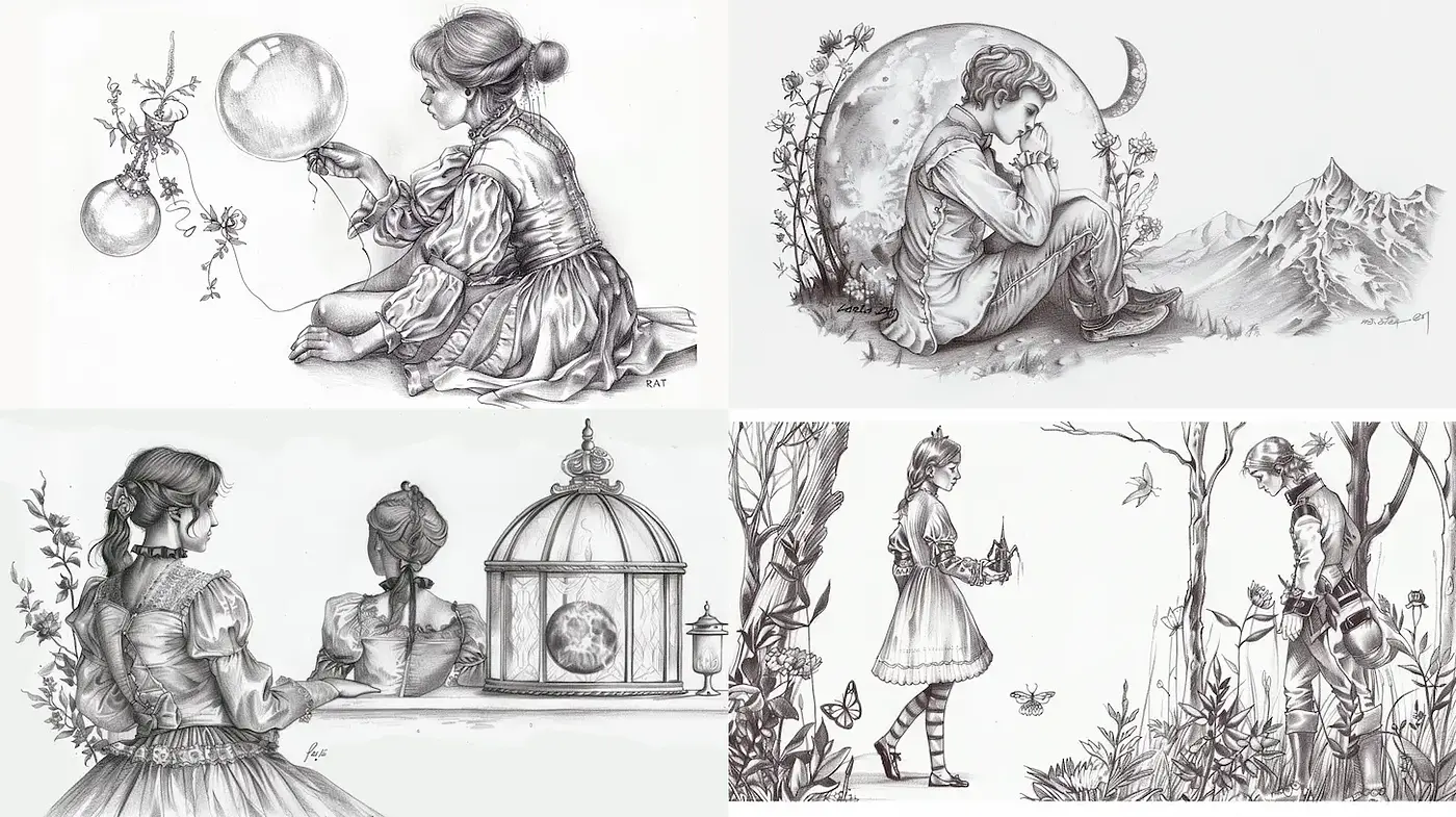 Whimsical Monochromatic Illustrations with a Dreamlike Quality - Midjourney sref style