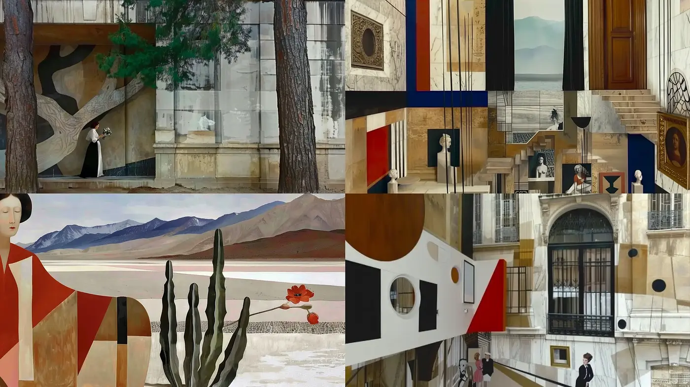 Whispers of Surreal Timelessness: A Blend of Geometric Abstraction and Realism - Midjourney sref style
