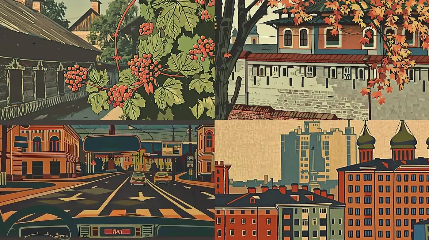 Artistic Exploration of Urban and Natural Landscapes in a Retro Style - Midjourney sref style