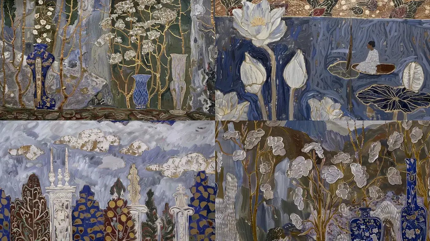 Elegant fusion of floral motifs and intricate textures in a contemporary art style - Midjourney sref style